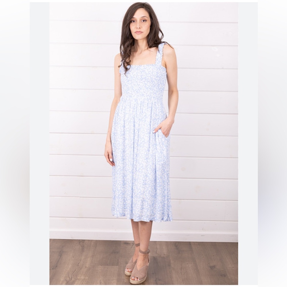 Light Blue Floral Smocked Midi Dress - Women